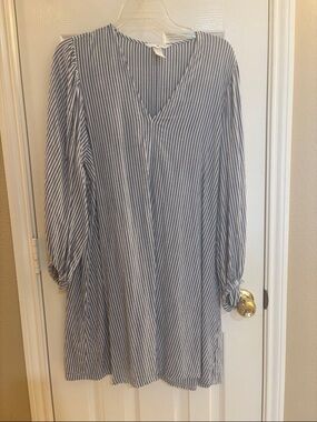 Striped V-Neck Long Sleeve Dress - Blue & White